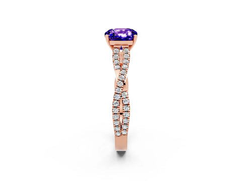 Rose gold Cushion Cut Tanzanite Solitaire Engagement Ring with Twisted Pavé Band and Four-Prong Setting_14