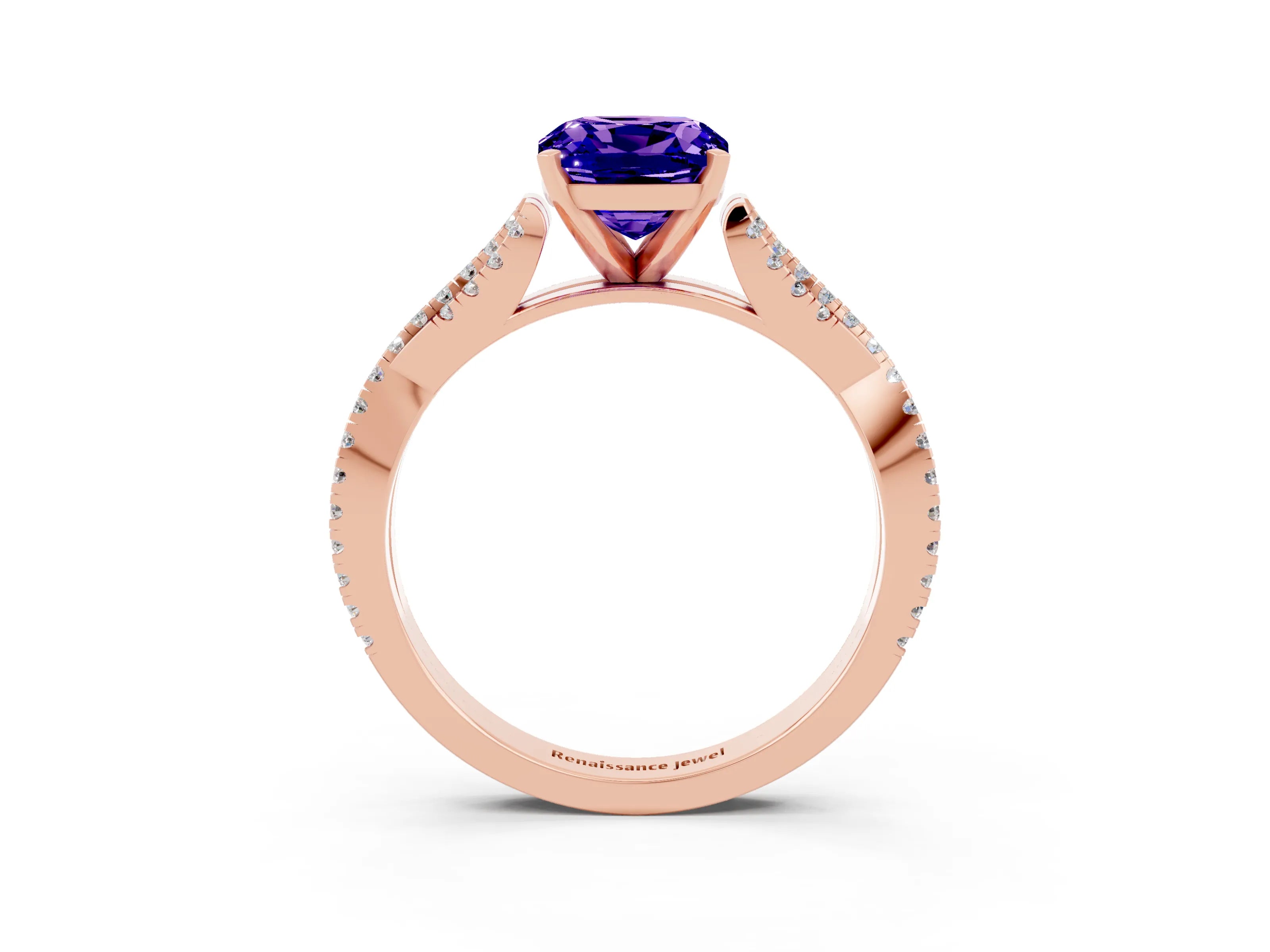 Rose gold Cushion Cut Tanzanite Solitaire Engagement Ring with Twisted Pavé Band and Four-Prong Setting_15
