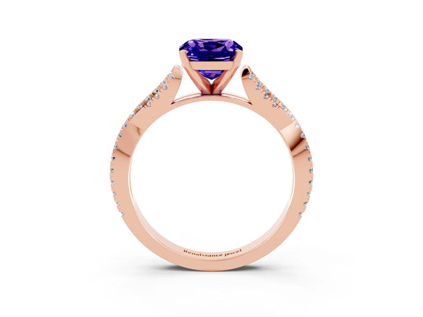 Rose gold Cushion Cut Tanzanite Solitaire Engagement Ring with Twisted Pavé Band and Four-Prong Setting