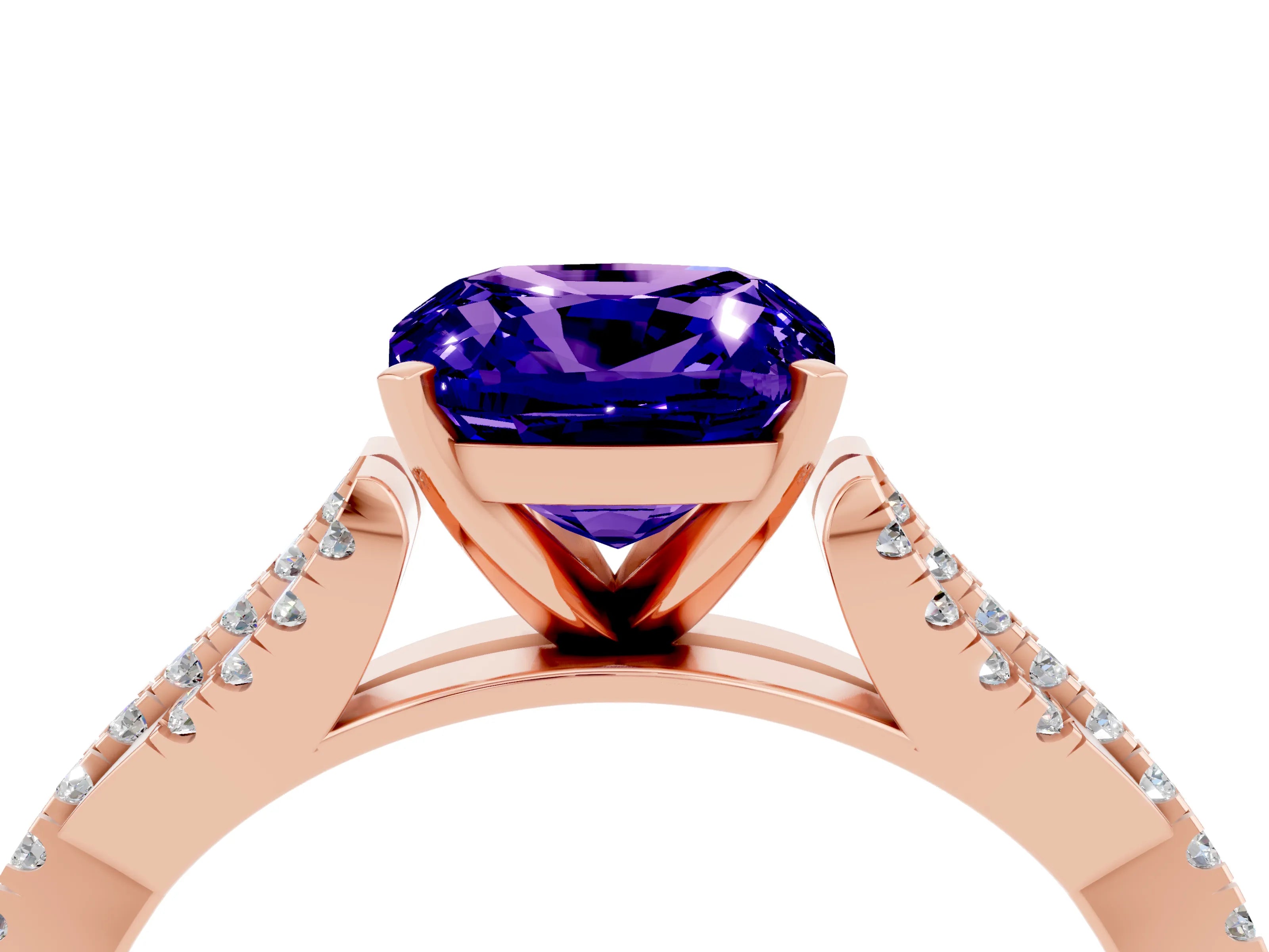Rose gold Cushion Cut Tanzanite Solitaire Engagement Ring with Twisted Pavé Band and Four-Prong Setting_16
