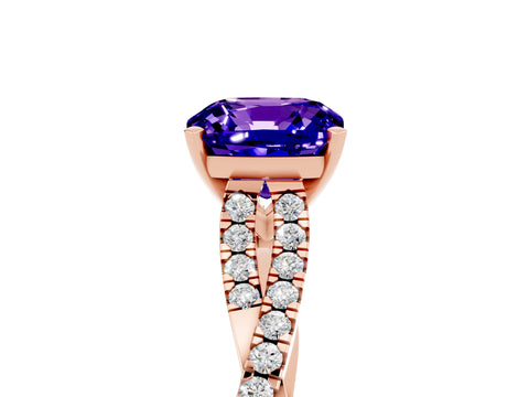 Rose gold Cushion Cut Tanzanite Solitaire Engagement Ring with Twisted Pavé Band and Four-Prong Setting_17