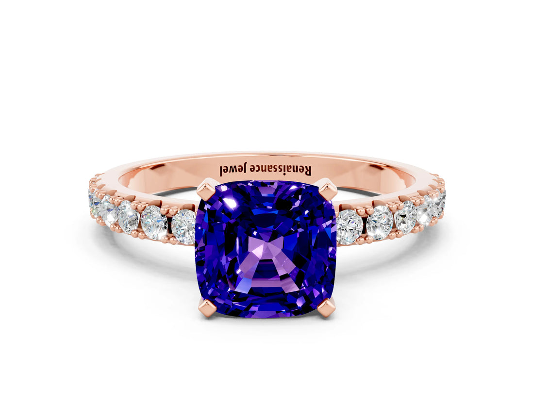 Rose gold Cushion Cut Tanzanite Solitaire Pavé Band with Four-Prong Setting