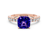 Rose gold Cushion Cut Tanzanite Solitaire Pavé Band with Four-Prong Setting