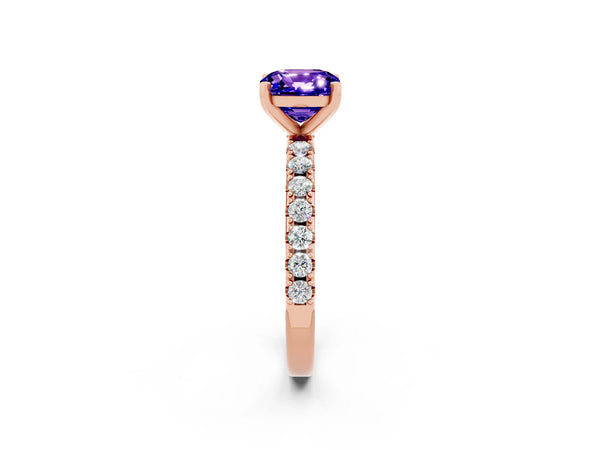 Rose gold Cushion Cut Tanzanite Solitaire Pavé Band with Four-Prong Setting