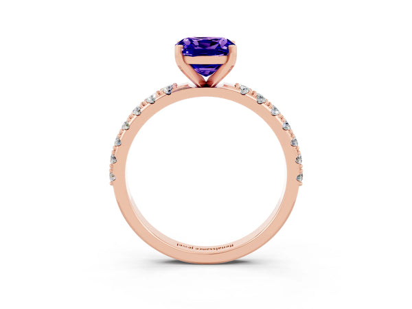 Rose gold Cushion Cut Tanzanite Solitaire Pavé Band with Four-Prong Setting