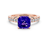 Rose gold Cushion Cut Tanzanite Solitaire Pavé Engagement Ring with Round Band and Prong Setting_85