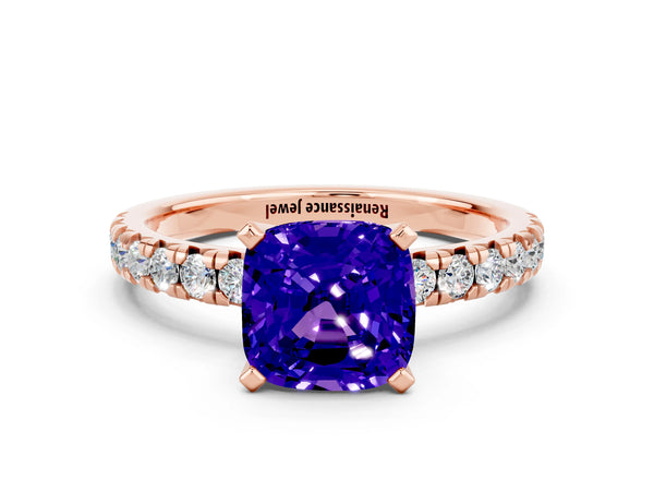 Rose gold Cushion Cut Tanzanite Solitaire Pavé Engagement Ring with Round Band and Prong Setting