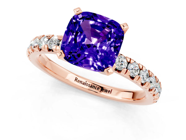 Rose gold Cushion Cut Tanzanite Solitaire Pavé Engagement Ring with Round Band and Prong Setting