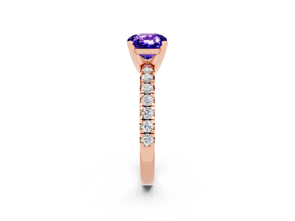 Rose gold Cushion Cut Tanzanite Solitaire Pavé Engagement Ring with Round Band and Prong Setting