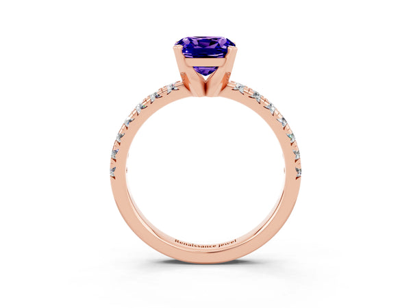 Rose gold Cushion Cut Tanzanite Solitaire Pavé Engagement Ring with Round Band and Prong Setting