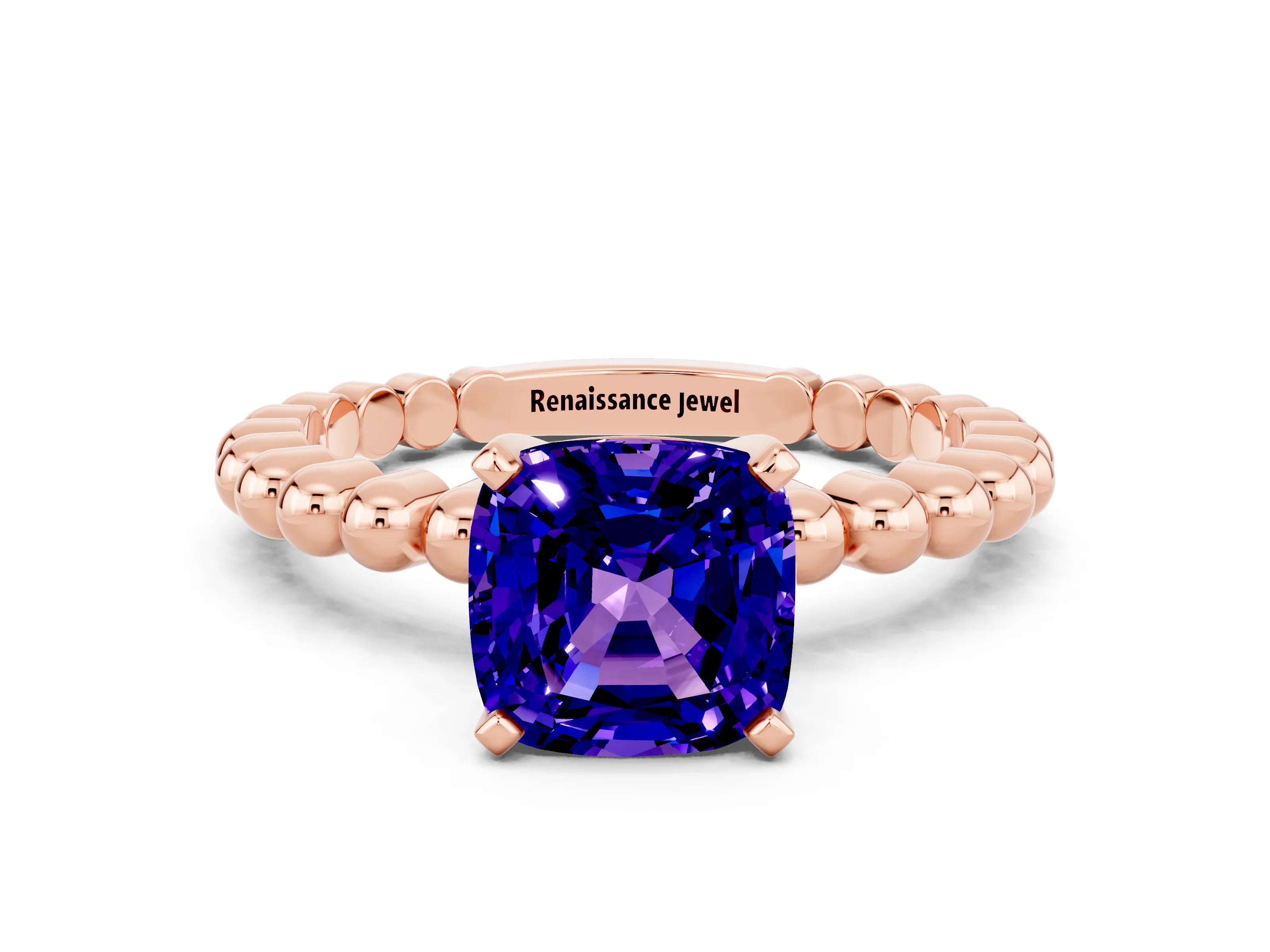 Rose gold Cushion Cut Tanzanite Solitaire Ring with Beaded Band and Prong Setting
