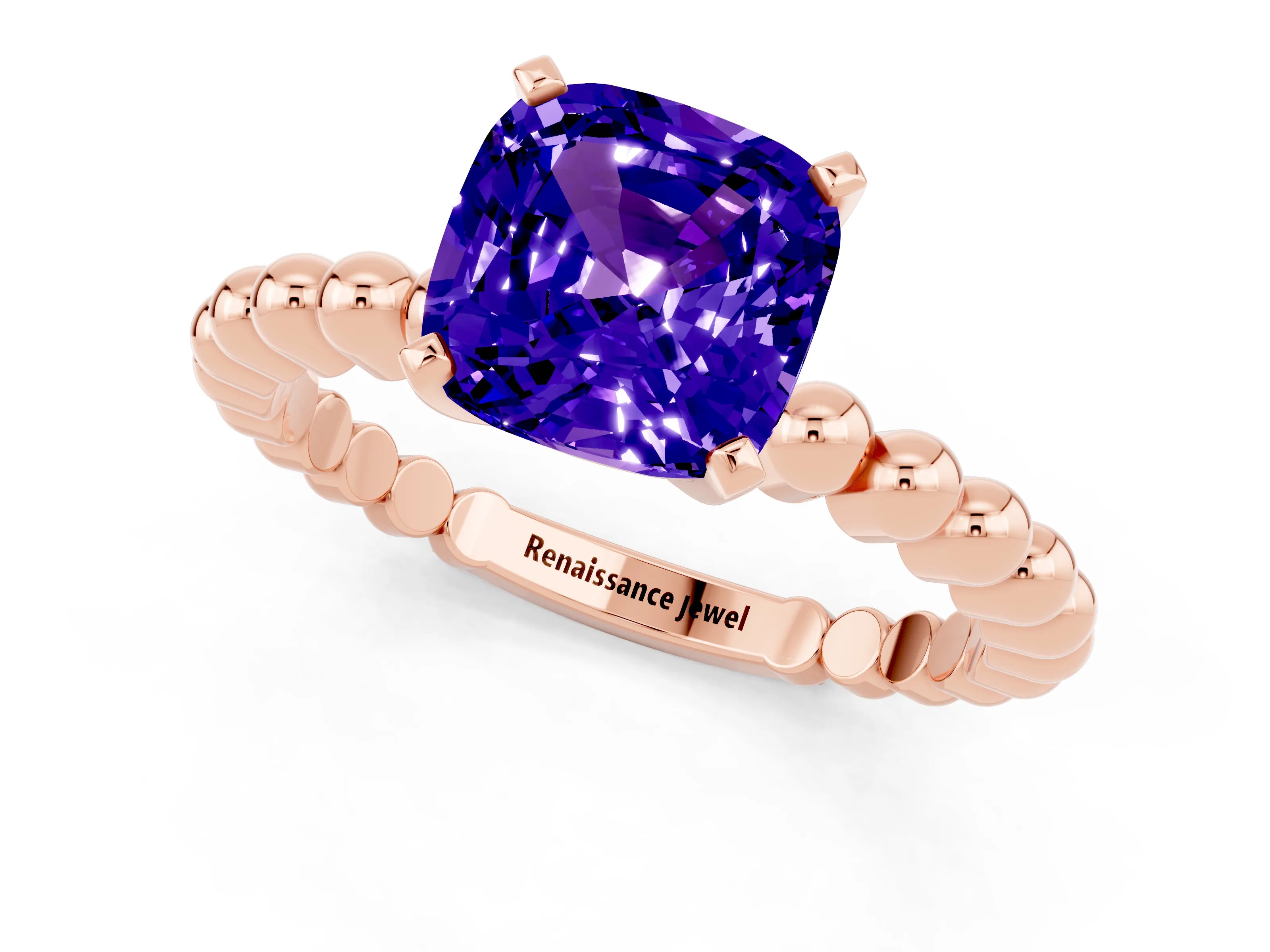 Rose gold Cushion Cut Tanzanite Solitaire Ring with Beaded Band and Prong Setting_1