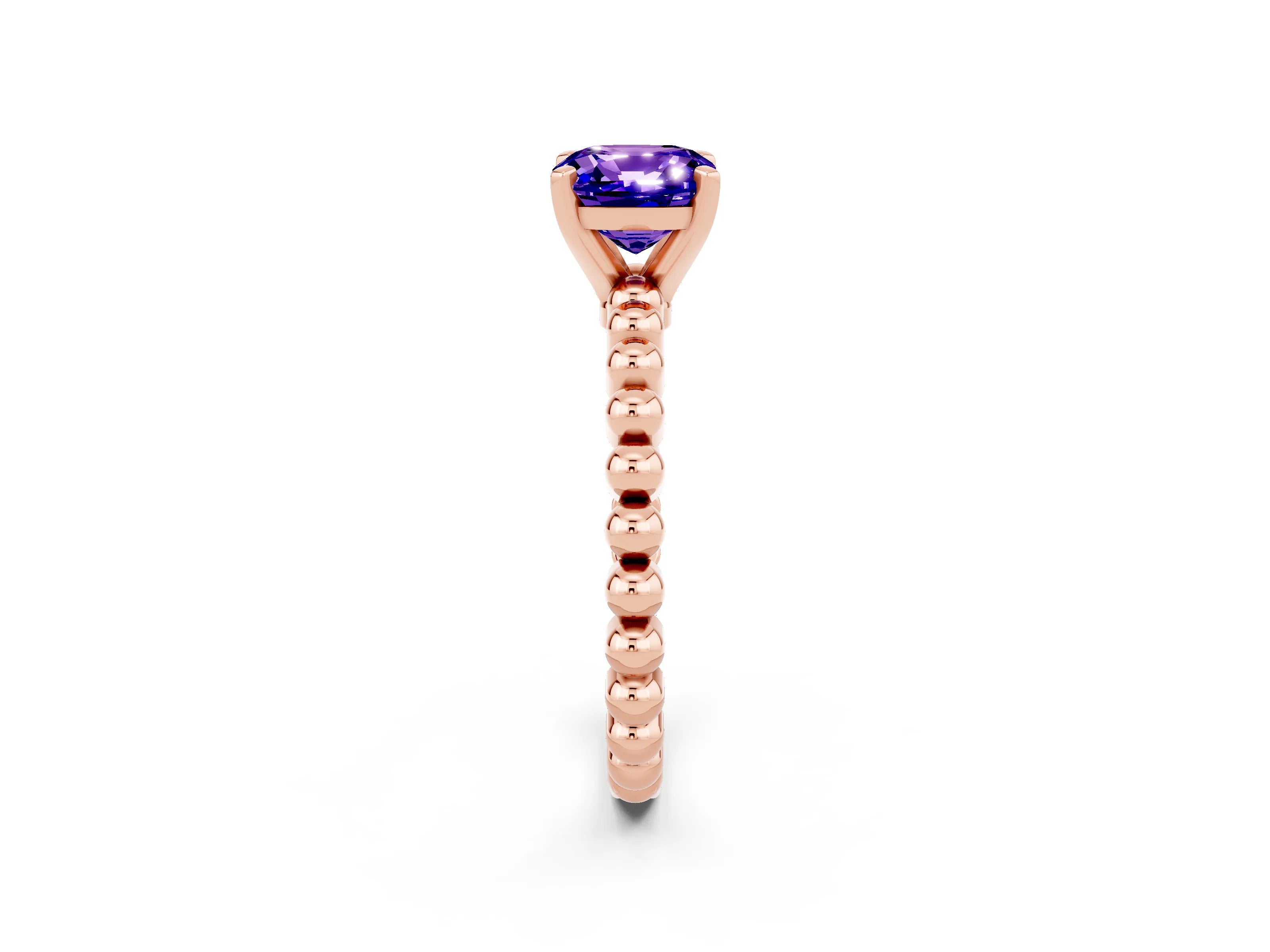Rose gold Cushion Cut Tanzanite Solitaire Ring with Beaded Band and Prong Setting_2