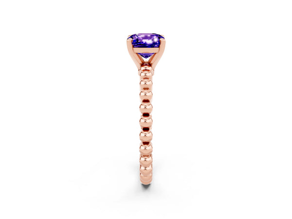 Rose gold Cushion Cut Tanzanite Solitaire Ring with Beaded Band and Prong Setting