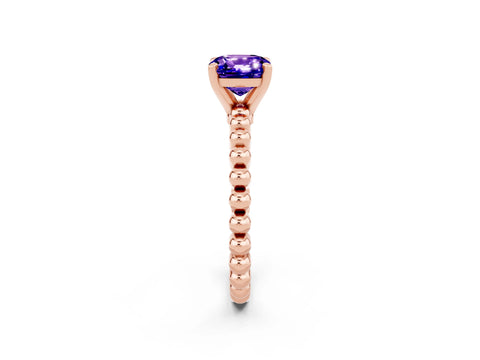 Rose gold Cushion Cut Tanzanite Solitaire Ring with Beaded Band and Prong Setting_2