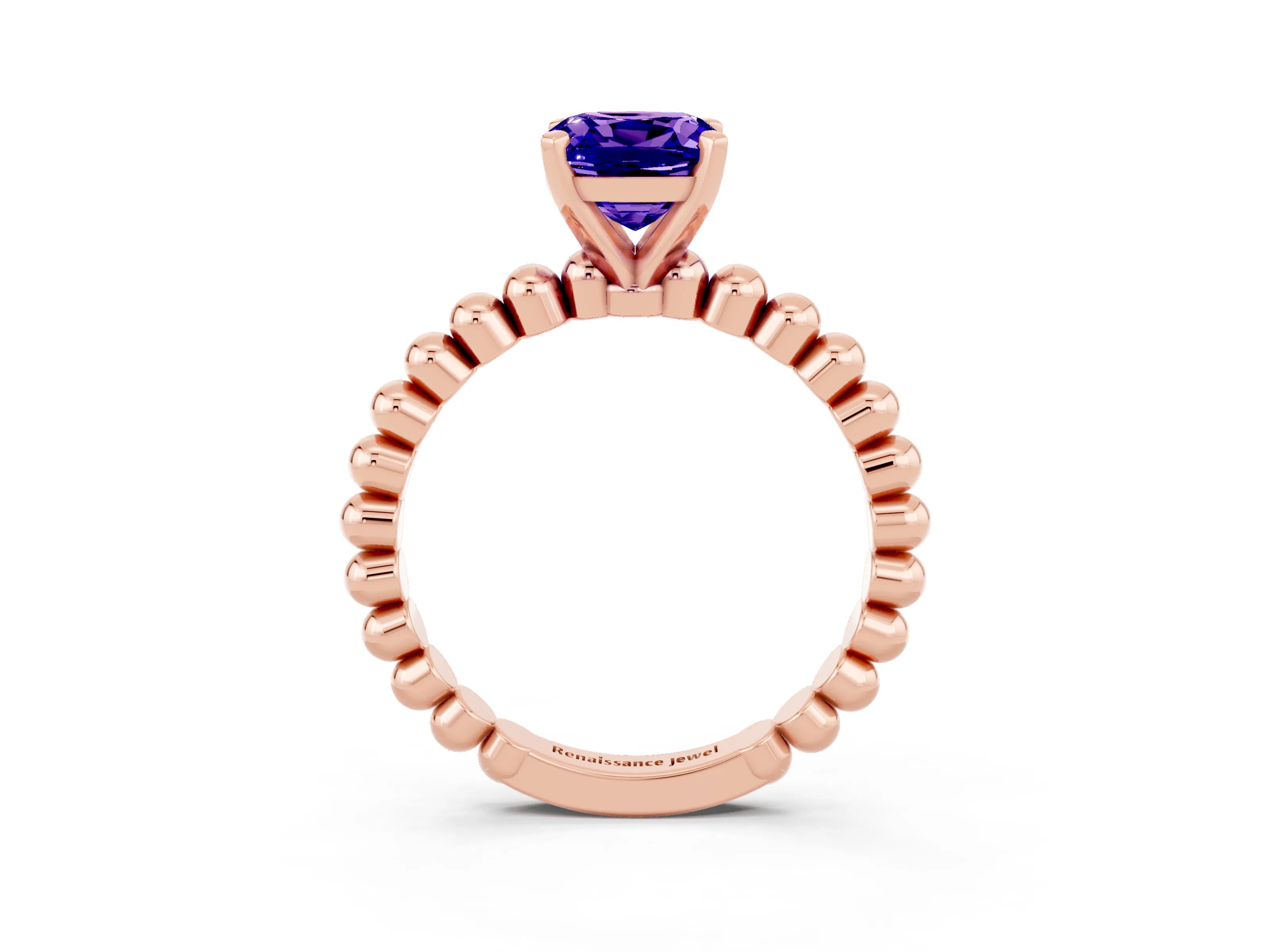 Rose gold Cushion Cut Tanzanite Solitaire Ring with Beaded Band and Prong Setting_3