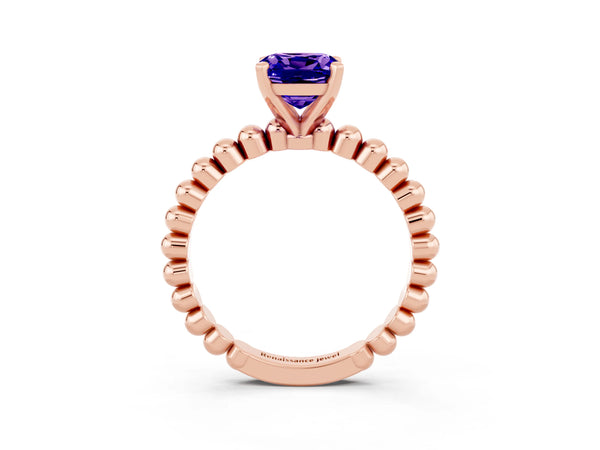 Rose gold Cushion Cut Tanzanite Solitaire Ring with Beaded Band and Prong Setting