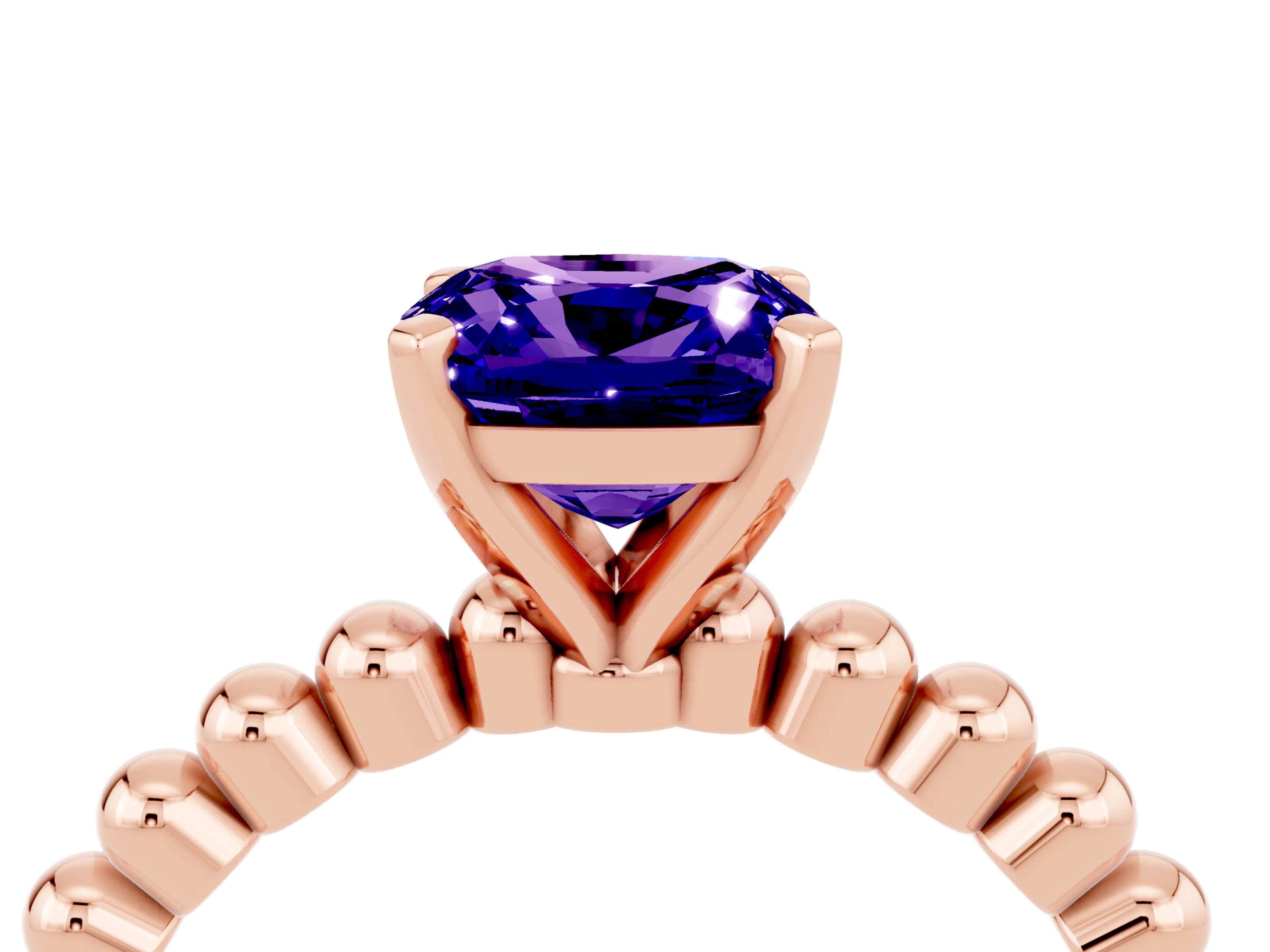 Rose gold Cushion Cut Tanzanite Solitaire Ring with Beaded Band and Prong Setting_4