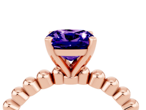 Rose gold Cushion Cut Tanzanite Solitaire Ring with Beaded Band and Prong Setting_4