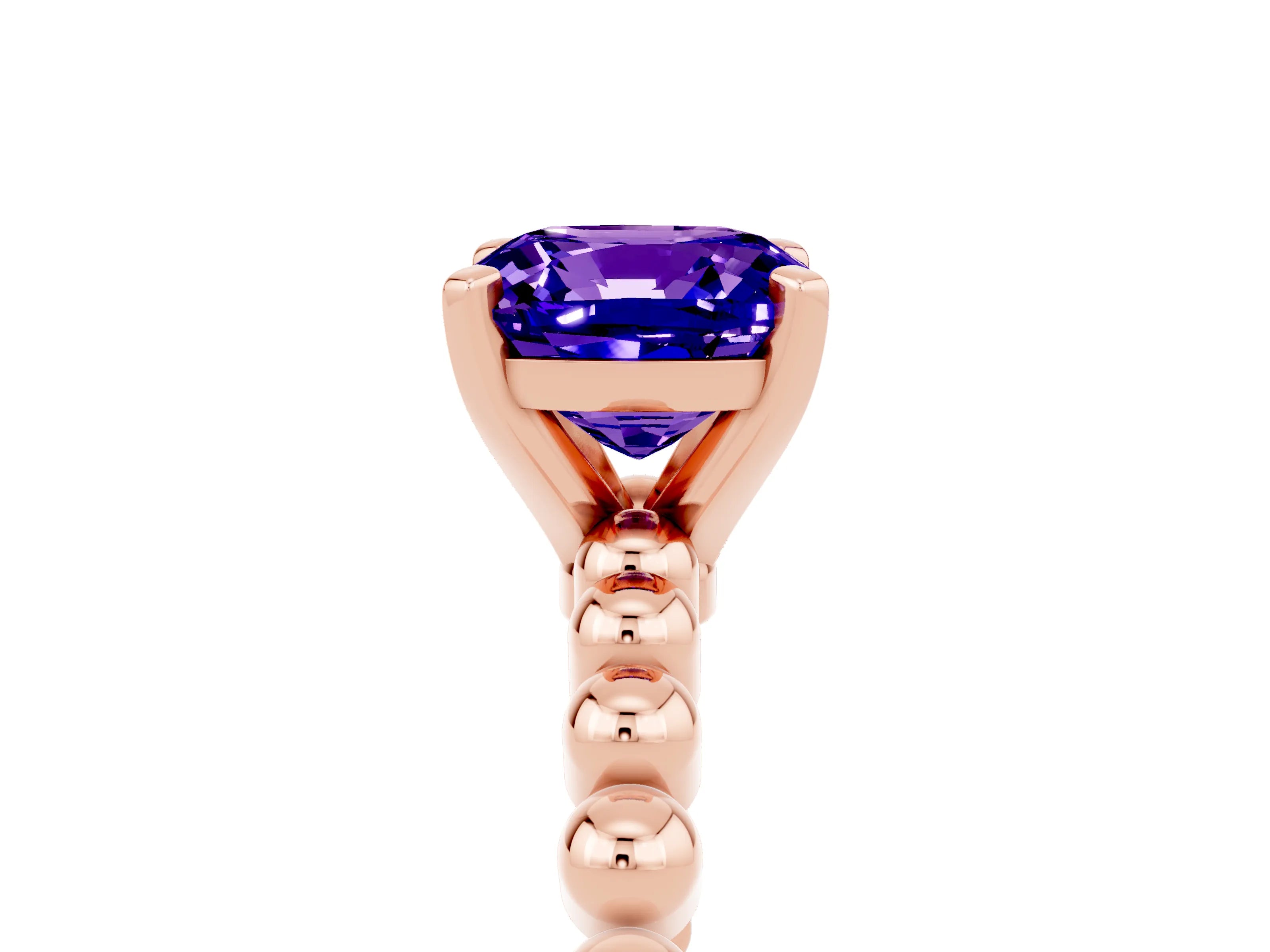 Rose gold Cushion Cut Tanzanite Solitaire Ring with Beaded Band and Prong Setting_5