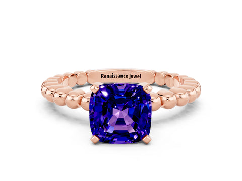 Rose gold Cushion Cut Tanzanite Solitaire Ring with Beaded Band and Prong Setting