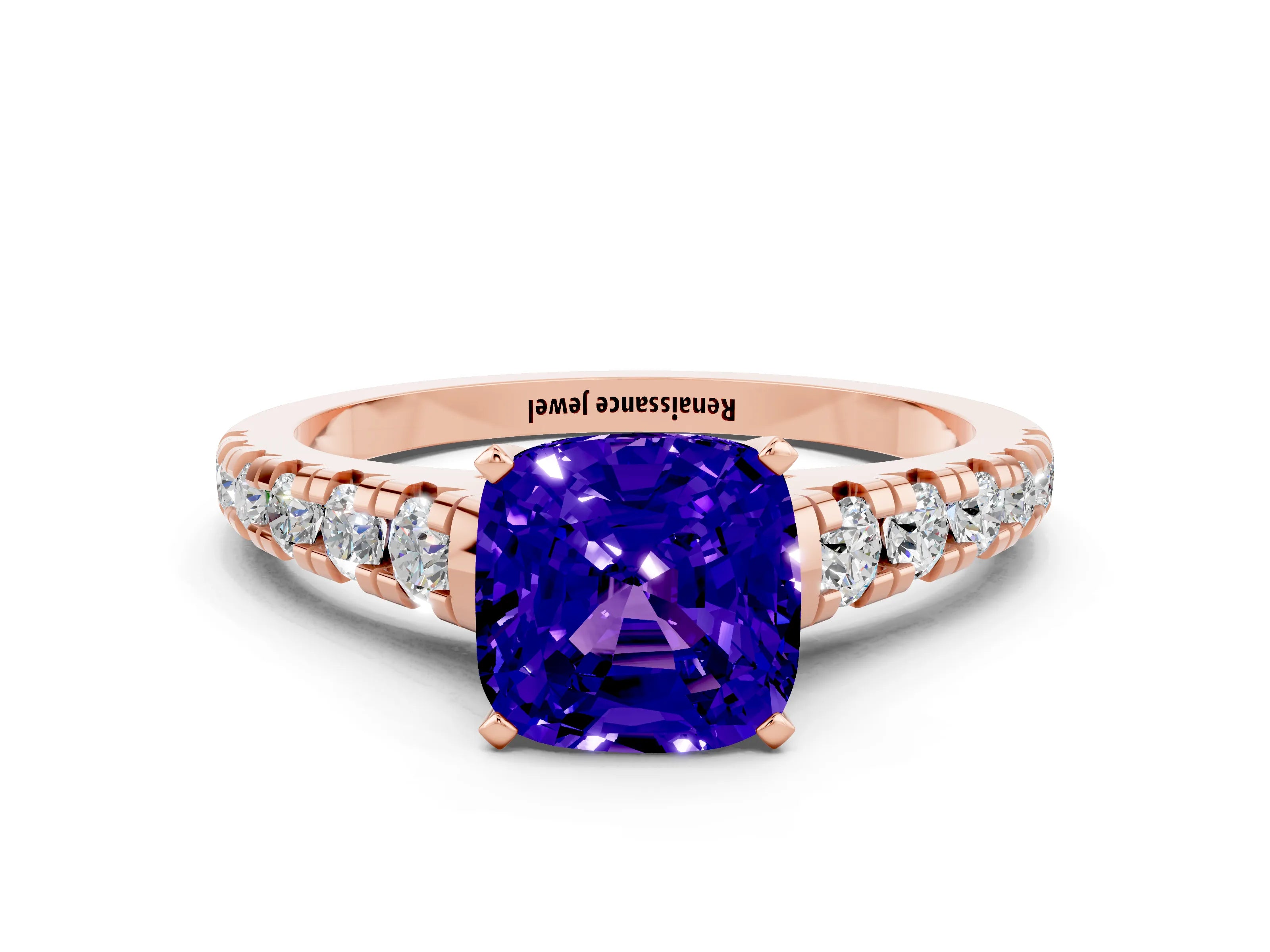 Rose gold Cushion Cut Tanzanite Solitaire Ring with Cathedral Setting and Pavé Band