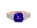 Rose gold Cushion Cut Tanzanite Solitaire Ring with Cathedral Setting and Pavé Band