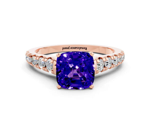Rose gold Cushion Cut Tanzanite Cathedral Solitaire Ring with Round  Pavé Band