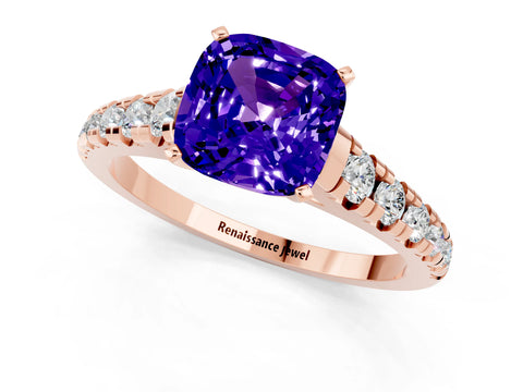 Rose gold Cushion Cut Tanzanite Solitaire Ring with Cathedral Setting and Pavé Band_1