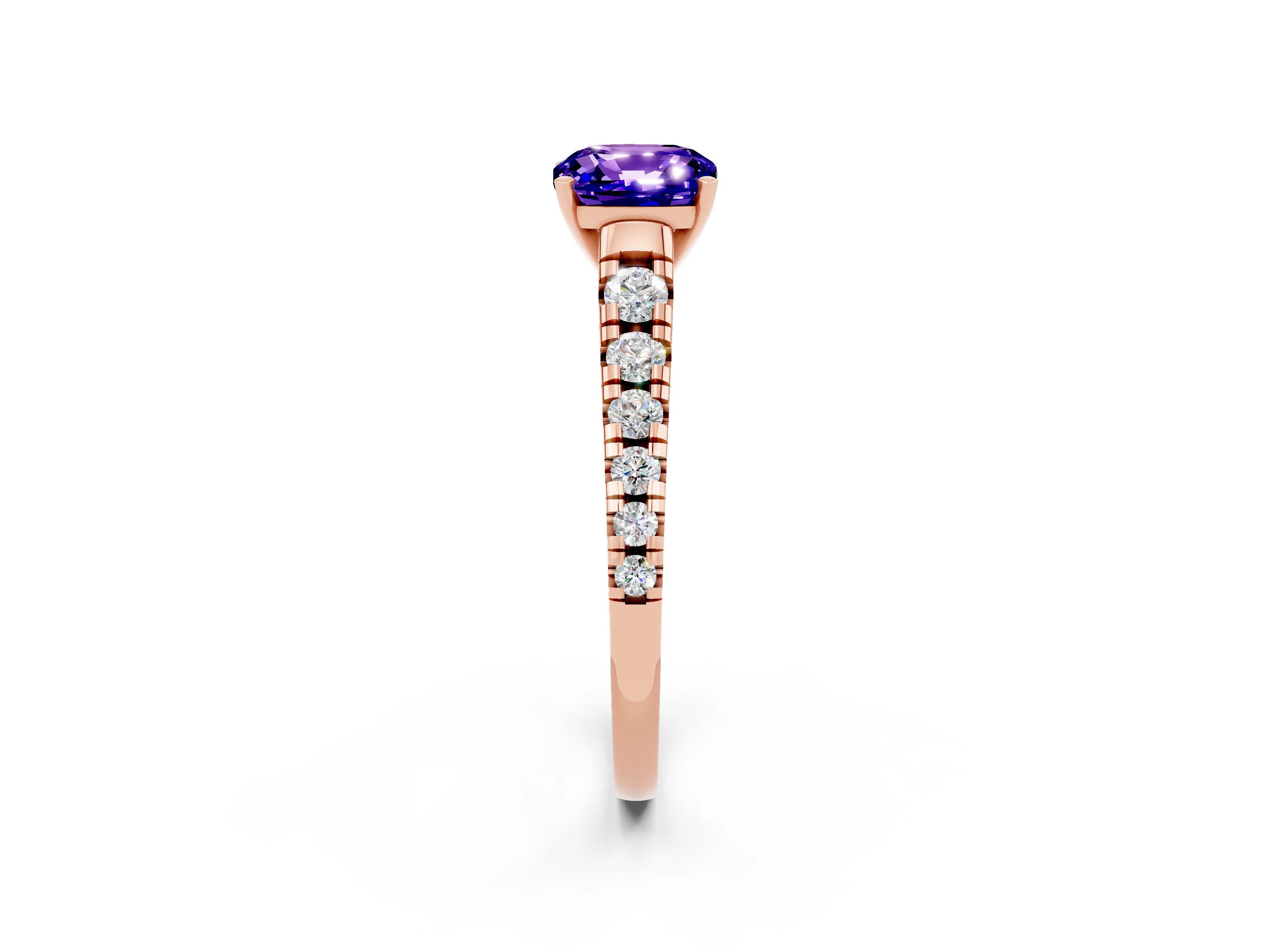 Rose gold Cushion Cut Tanzanite Solitaire Ring with Cathedral Setting and Pavé Band_2