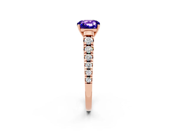 Rose gold Cushion Cut Tanzanite Cathedral Solitaire Ring with Round  Pavé Band