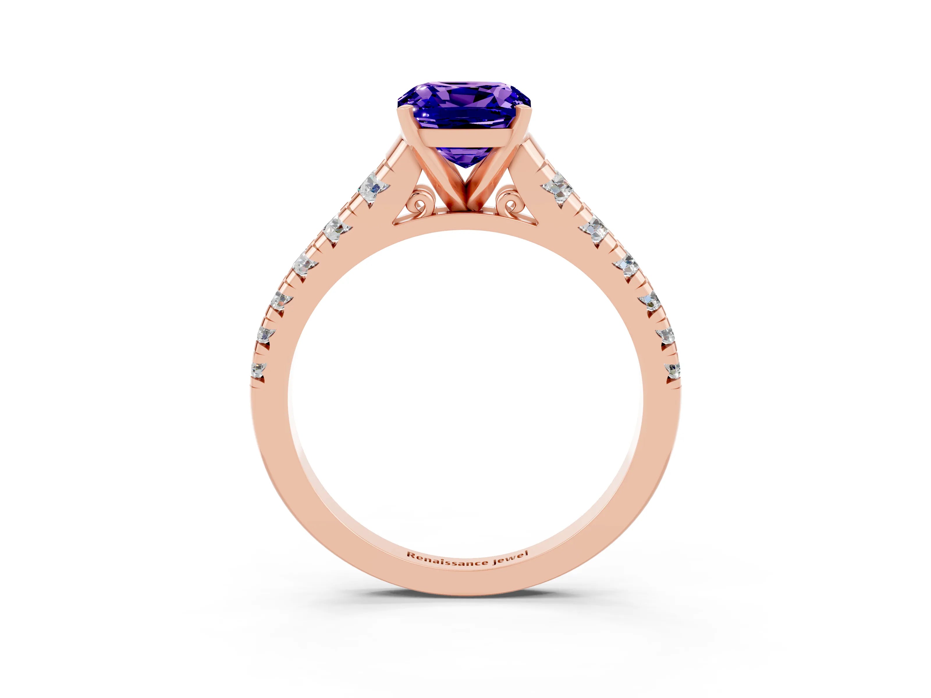 Rose gold Cushion Cut Tanzanite Solitaire Ring with Cathedral Setting and Pavé Band_3