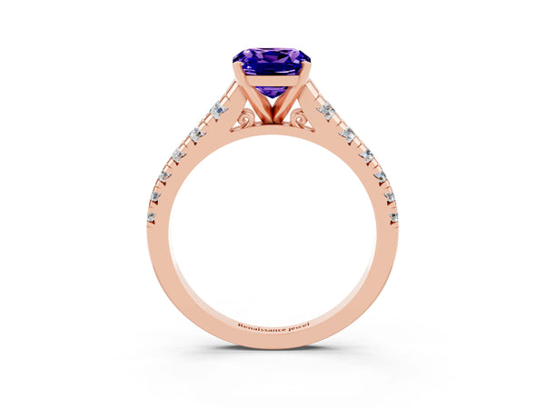 Rose gold Cushion Cut Tanzanite Cathedral Solitaire Ring with Round  Pavé Band