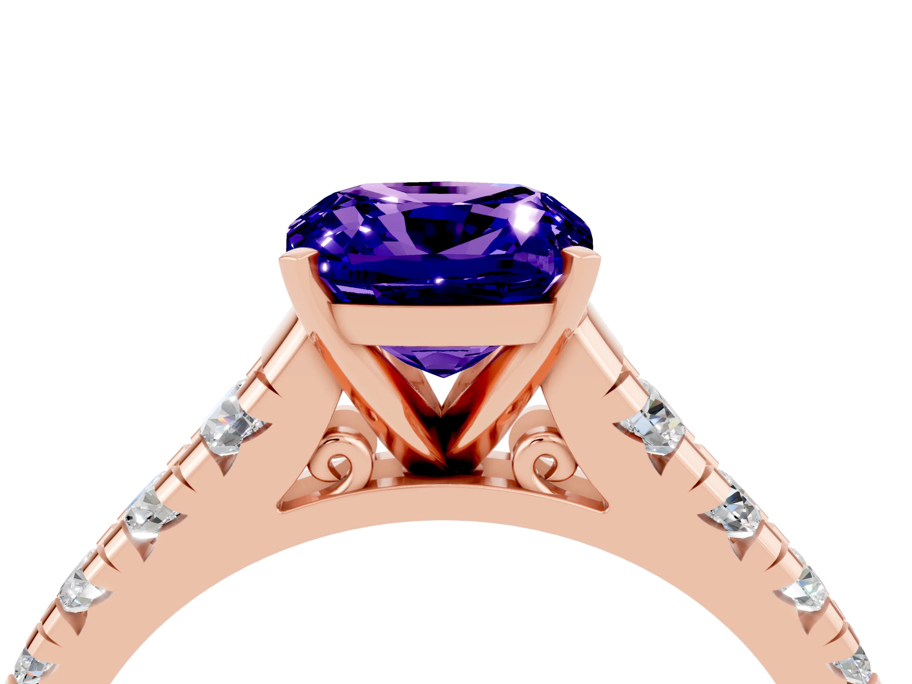 Rose gold Cushion Cut Tanzanite Solitaire Ring with Cathedral Setting and Pavé Band_4