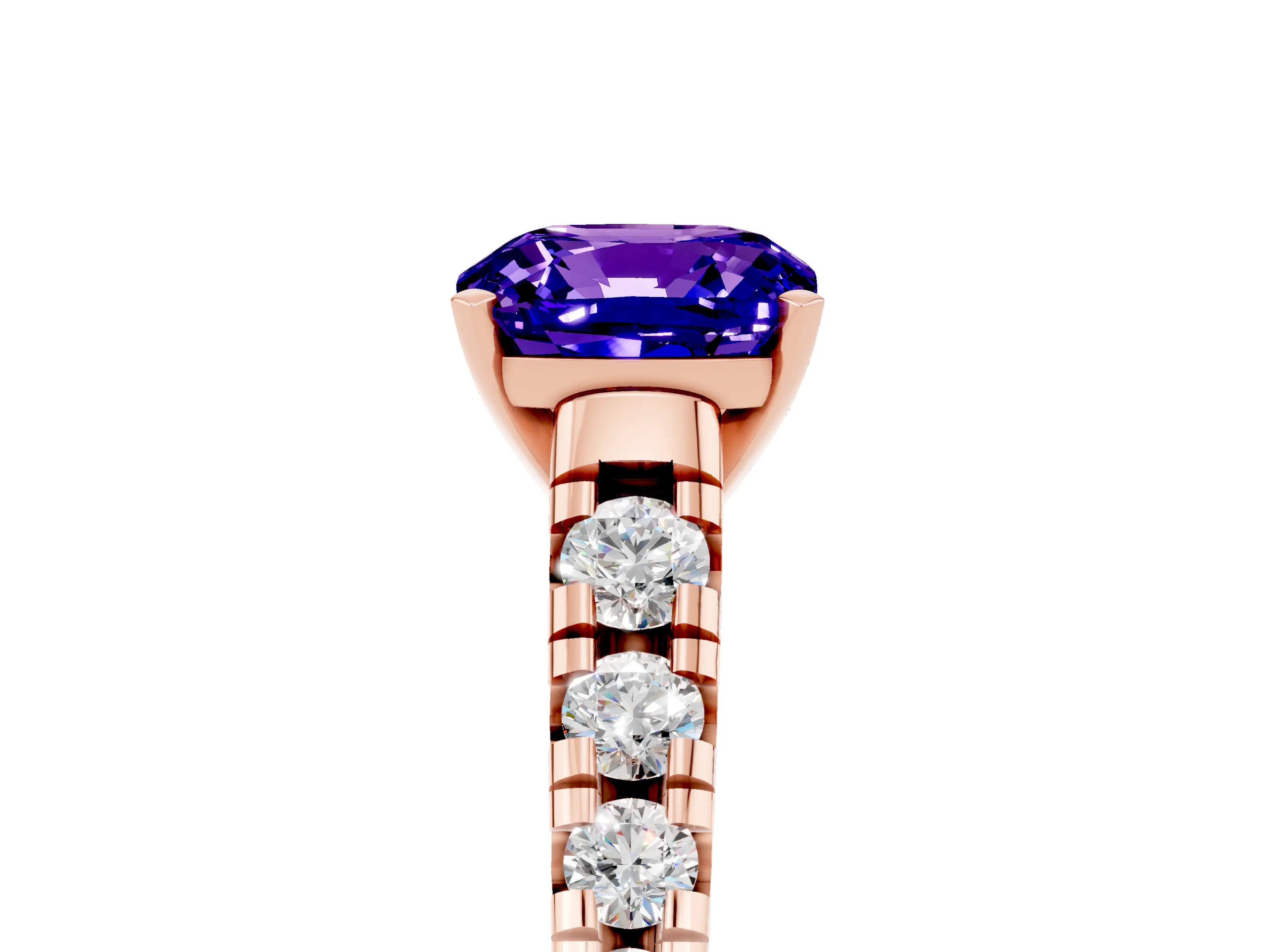 Rose gold Cushion Cut Tanzanite Solitaire Ring with Cathedral Setting and Pavé Band_5