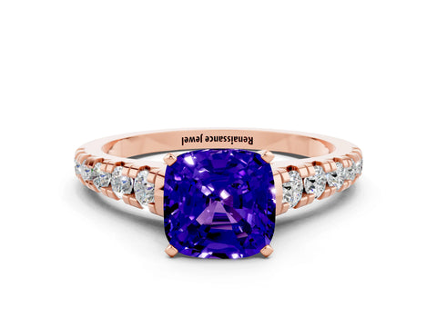 Rose gold Cushion Cut Tanzanite Solitaire Ring with Cathedral Setting and Pavé Band