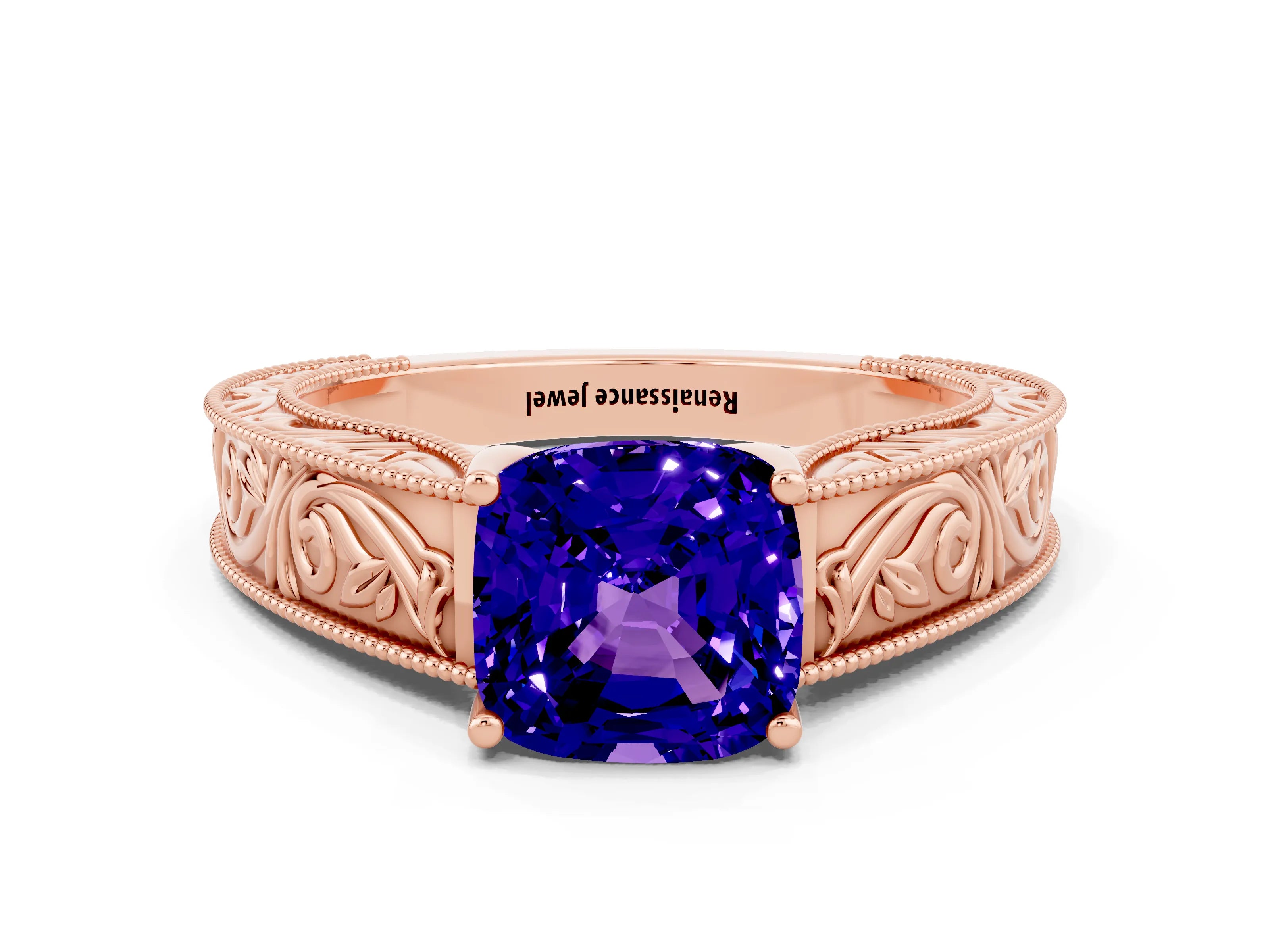 Rose gold Cushion Cut Tanzanite Solitaire Ring with Engraved Band and Four-Prong Setting