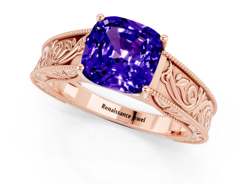 Rose gold Cushion Cut Tanzanite Solitaire Ring with Engraved Band and Four-Prong Setting_1