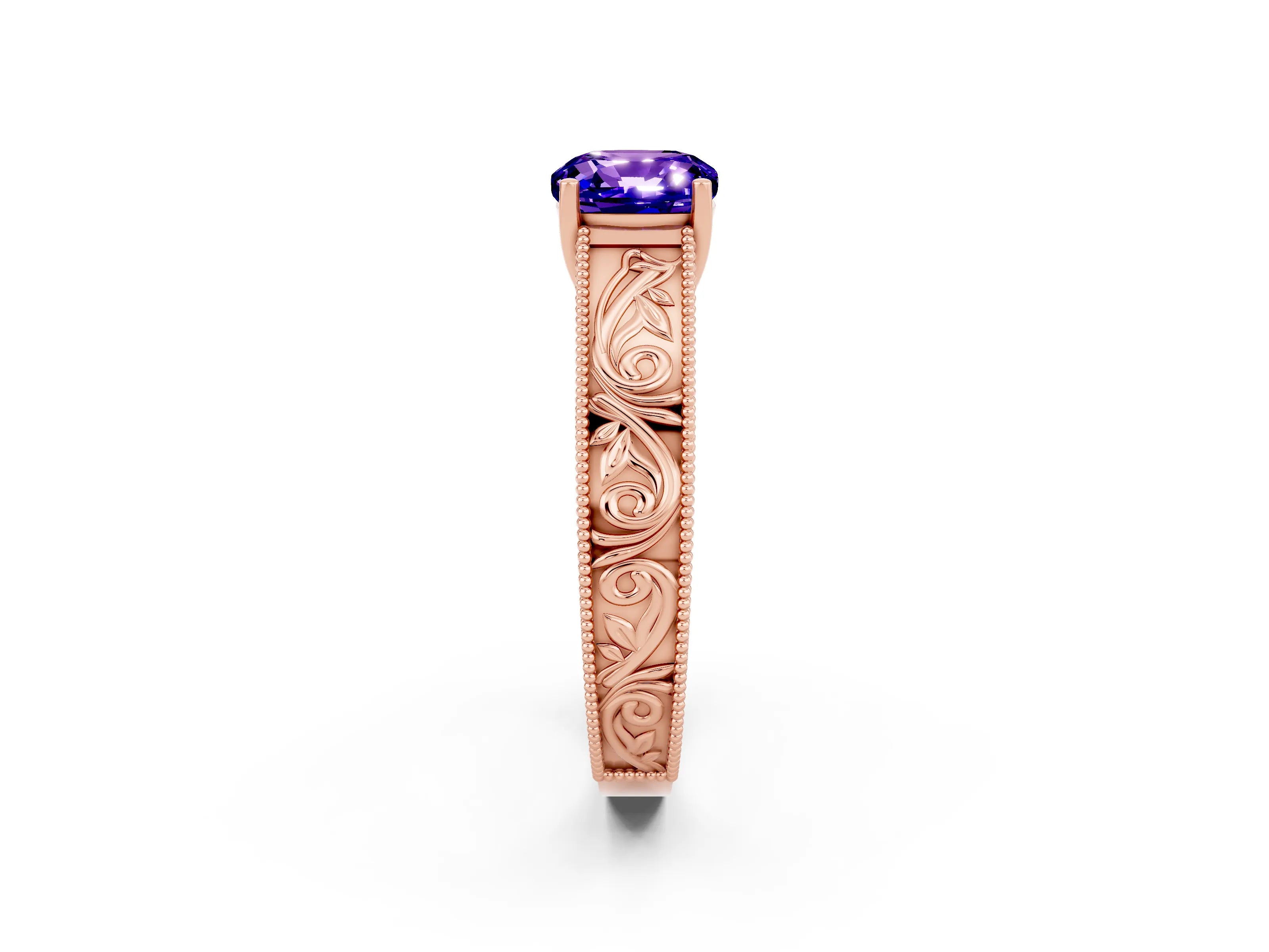 Rose gold Cushion Cut Tanzanite Solitaire Ring with Engraved Band and Four-Prong Setting_2