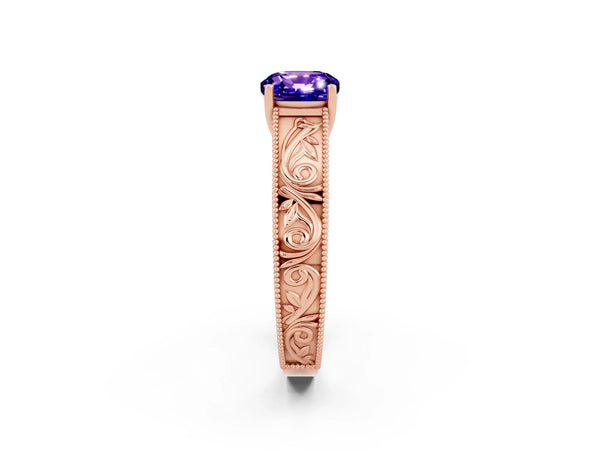 Rose gold Cushion Cut Tanzanite Solitaire Ring with Engraved Band and Four-Prong Setting