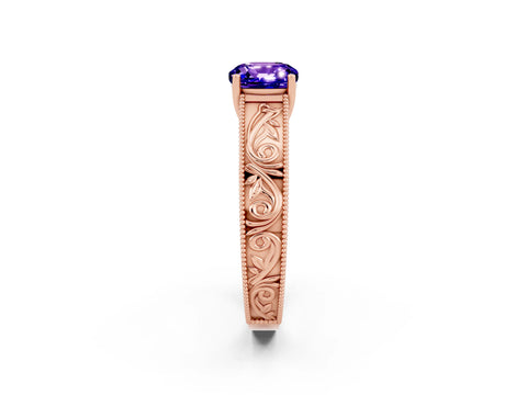 Rose gold Cushion Cut Tanzanite Solitaire Ring with Engraved Band and Four-Prong Setting_2