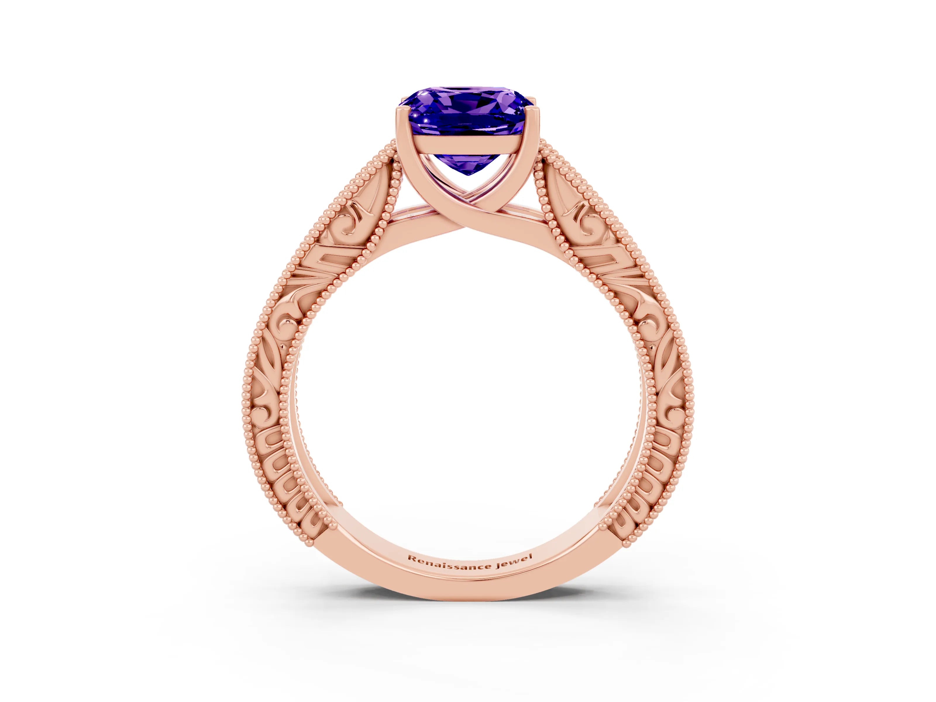 Rose gold Cushion Cut Tanzanite Solitaire Ring with Engraved Band and Four-Prong Setting_3