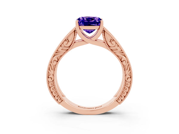 Rose gold Cushion Cut Tanzanite Solitaire Ring with Engraved Band and Four-Prong Setting