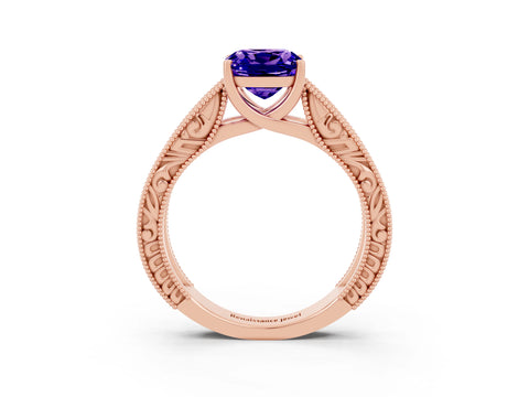 Rose gold Cushion Cut Tanzanite Solitaire Ring with Engraved Band and Four-Prong Setting_3