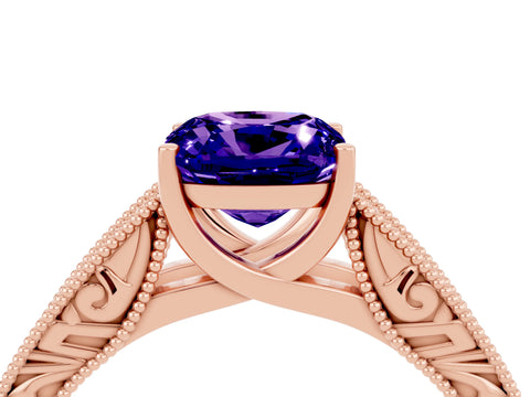 Rose gold Cushion Cut Tanzanite Solitaire Ring with Engraved Band and Four-Prong Setting_4