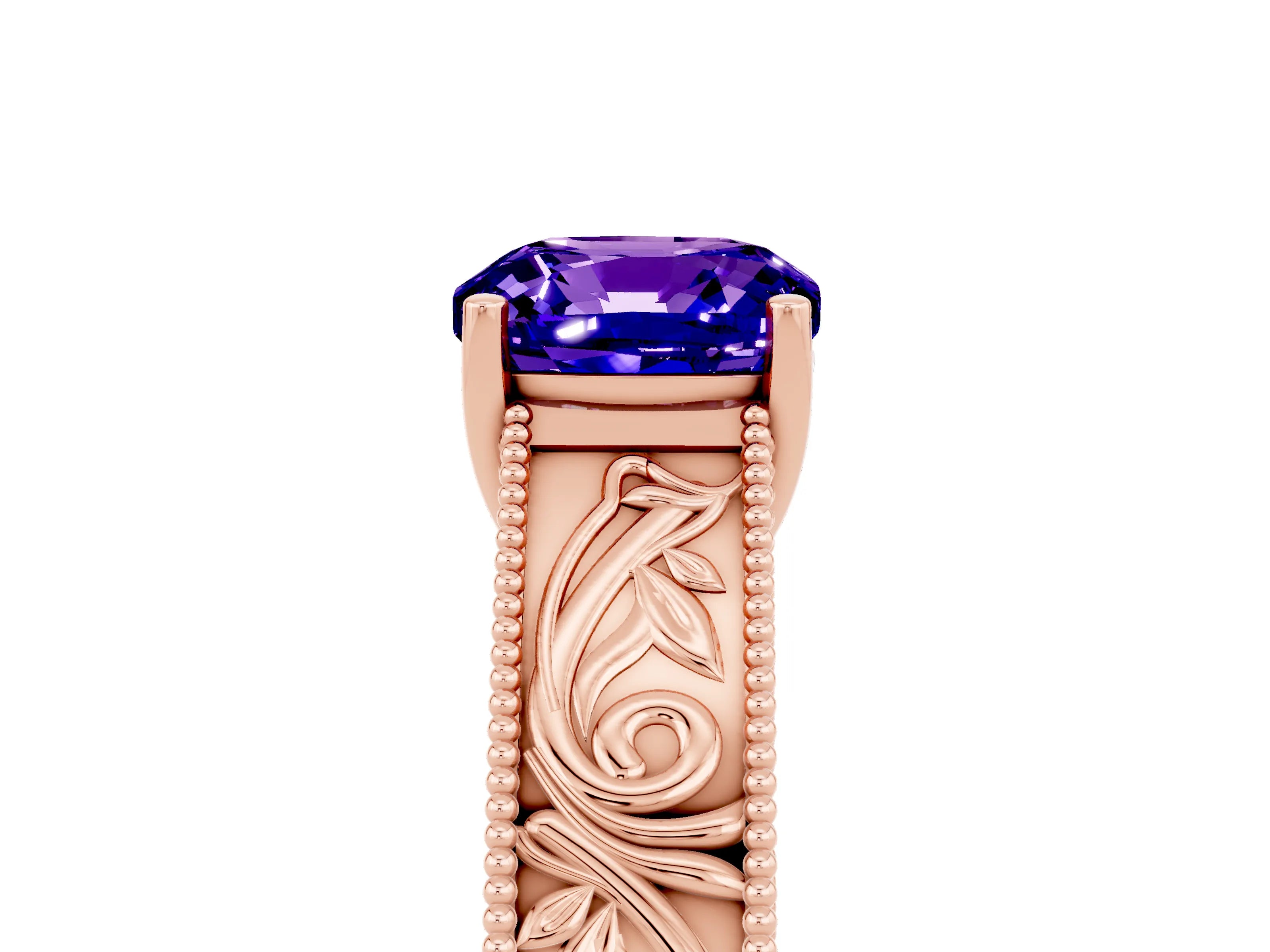 Rose gold Cushion Cut Tanzanite Solitaire Ring with Engraved Band and Four-Prong Setting_5