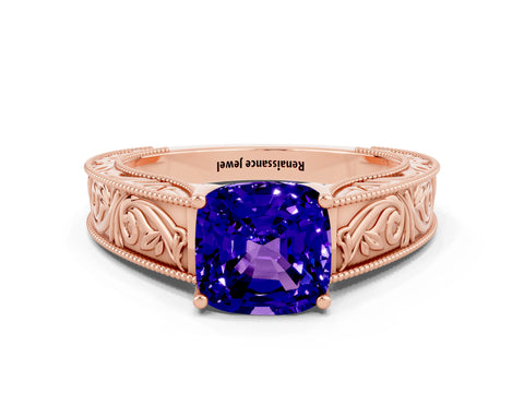 Rose gold Cushion Cut Tanzanite Solitaire Ring with Engraved Band and Four-Prong Setting