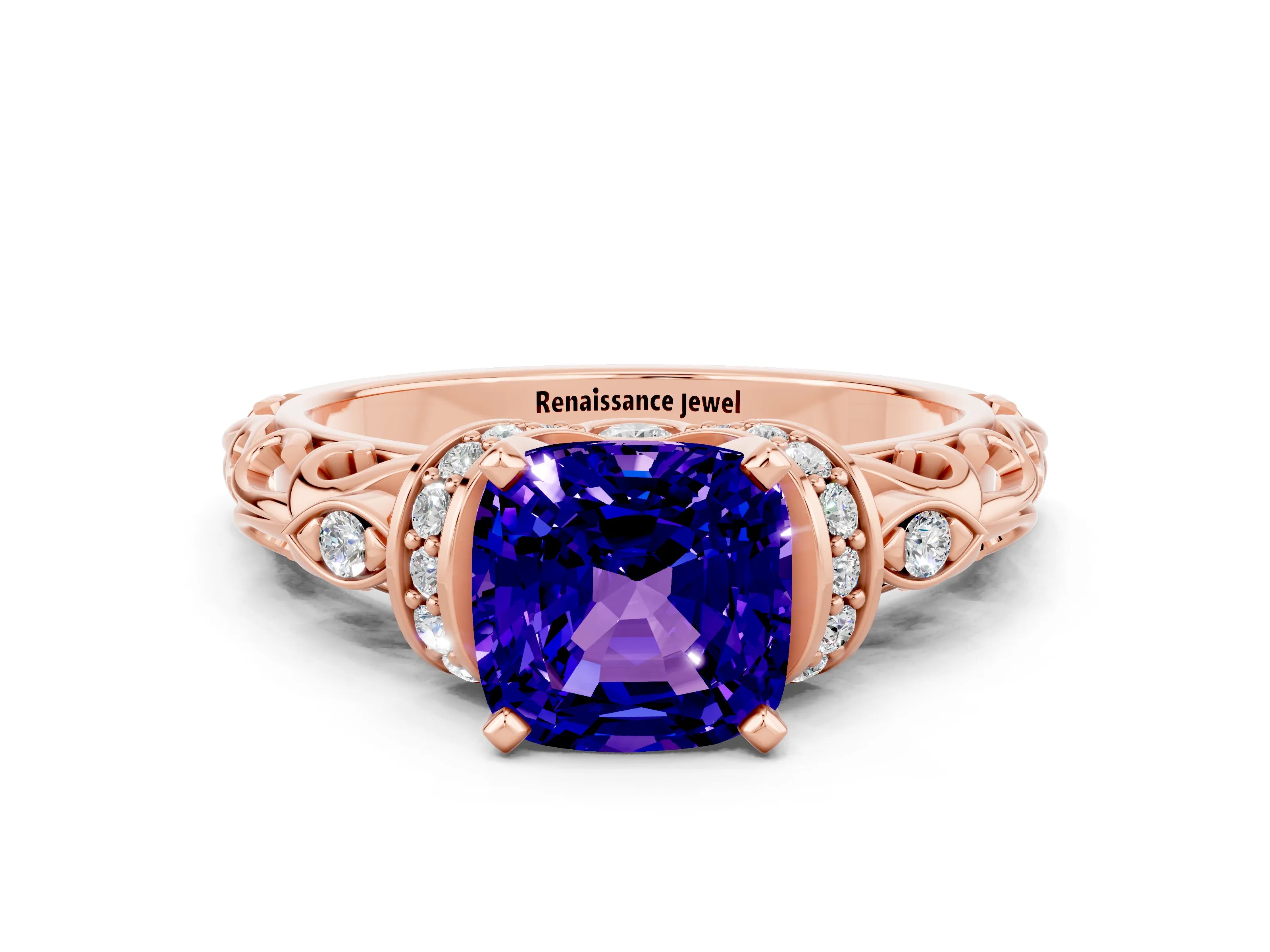 Rose gold Cushion Cut Tanzanite Solitaire Ring with Filigree Band and Four-Prong Setting_24
