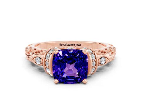 Rose gold Cushion Cut Tanzanite Solitaire Ring with Filigree Band and Four-Prong Setting_24
