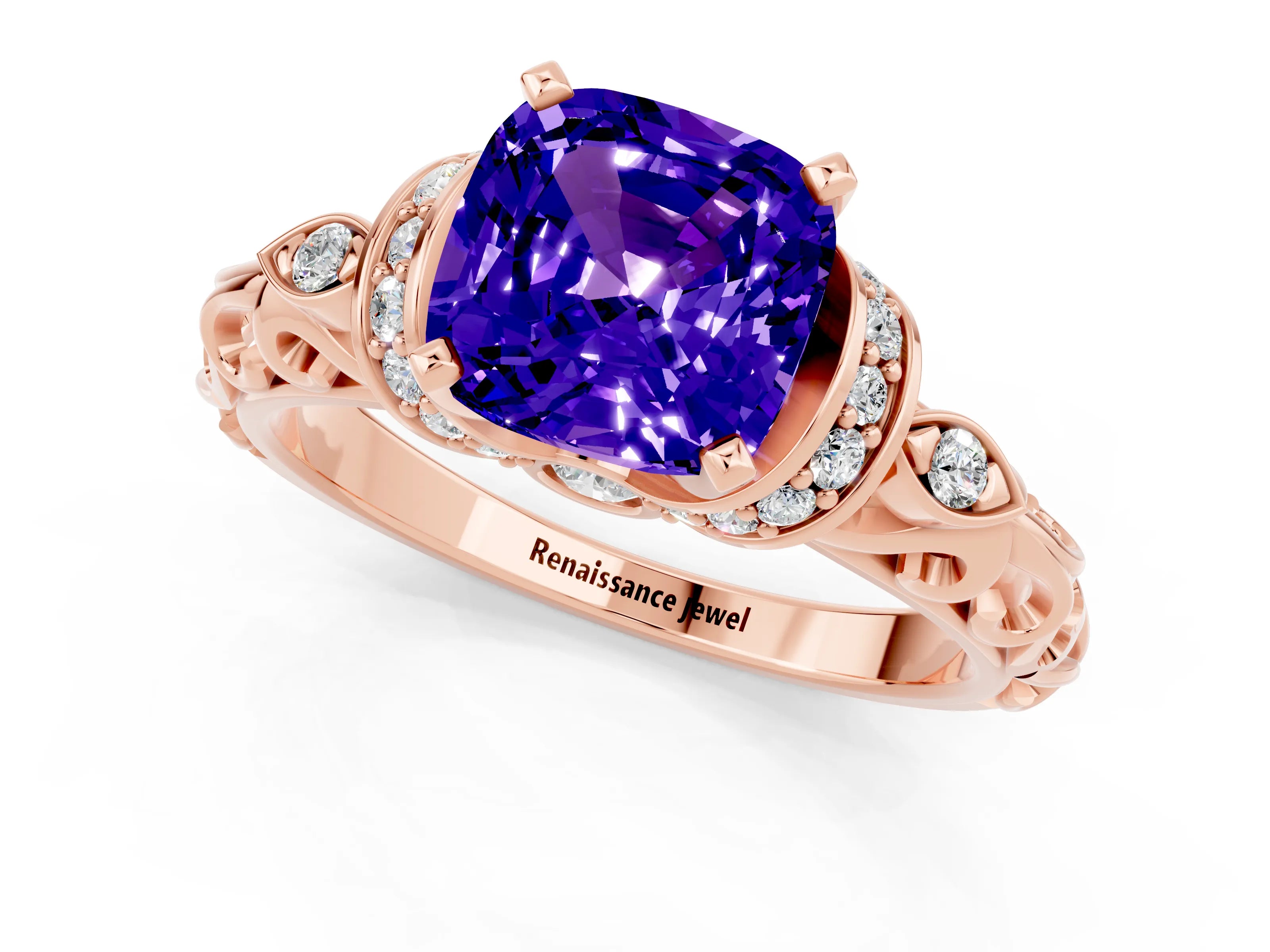 Rose gold Cushion Cut Tanzanite Solitaire Ring with Filigree Band and Four-Prong Setting_25
